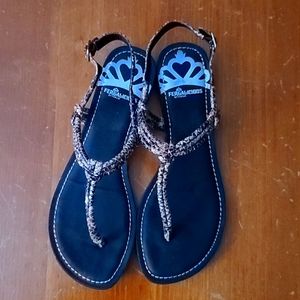 Final- FERGALICIOUS by FERGIE Sandles size 7 1/2 multi colored neutrals snakesk…